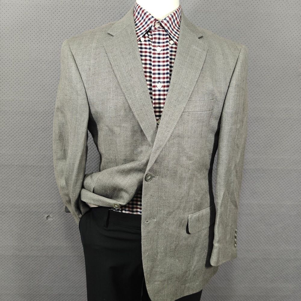 JOS A BANK Men's Sport Coat Blazer Two Button Gray Herringbone Silk Linen 42S